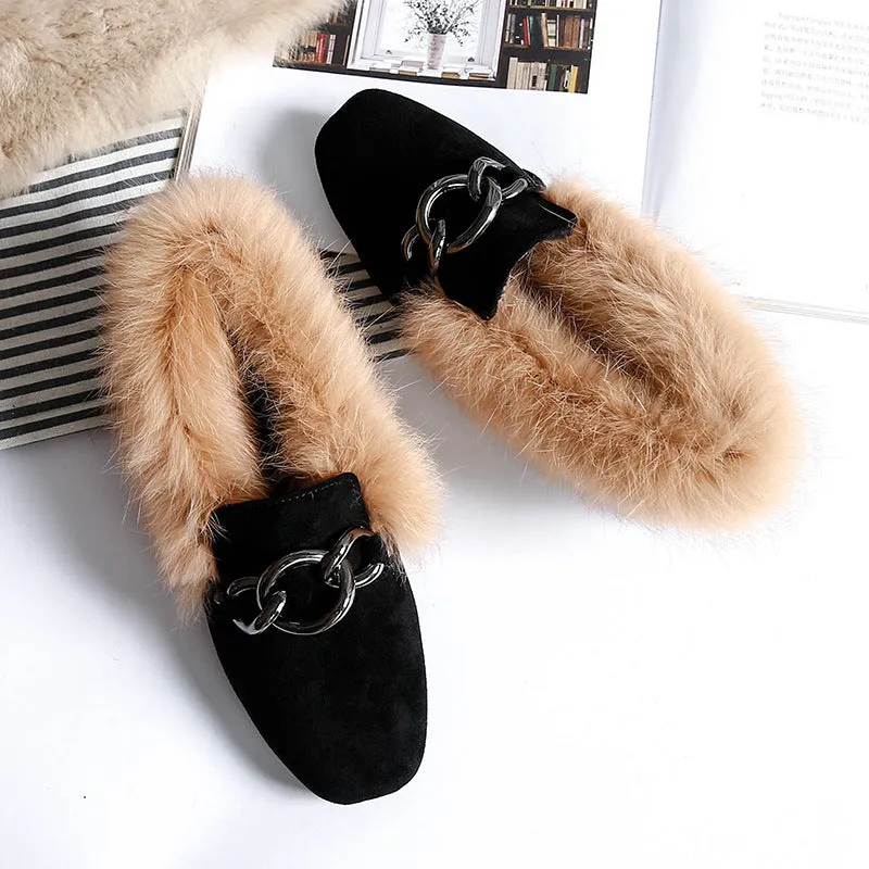 Rabbit fur and velvet cotton flats