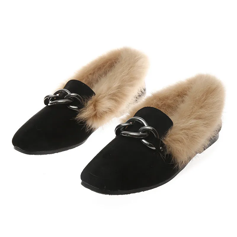 Rabbit fur and velvet cotton flats