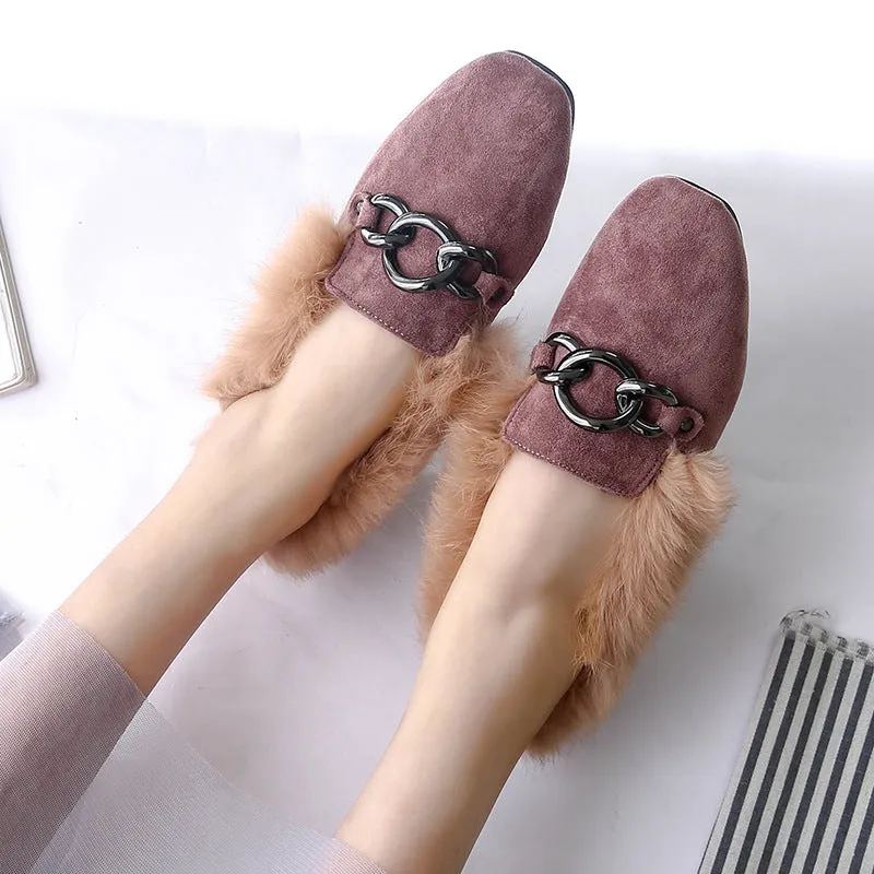 Rabbit fur and velvet cotton flats