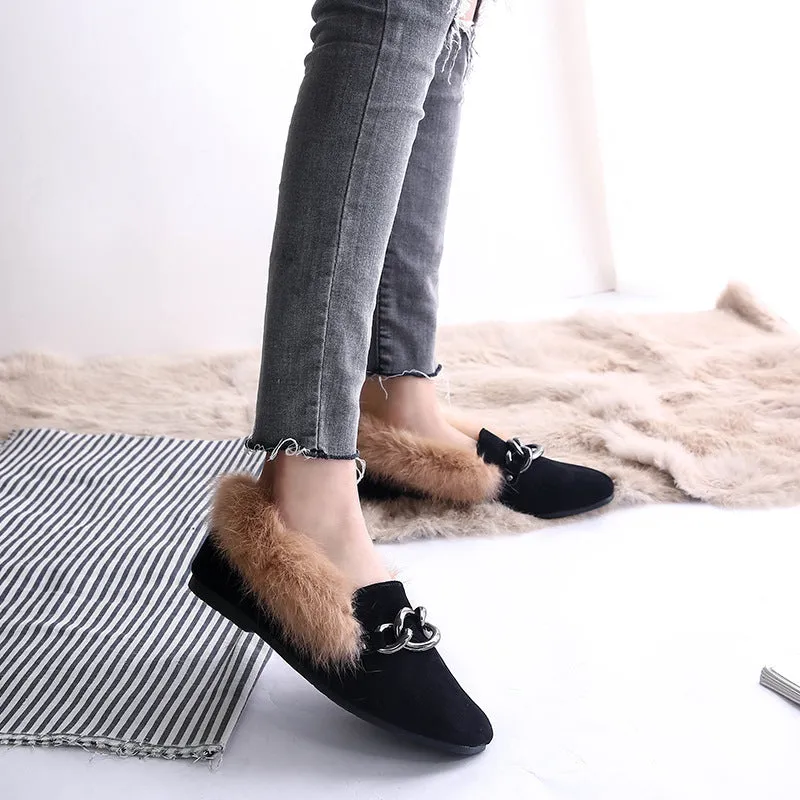 Rabbit fur and velvet cotton flats