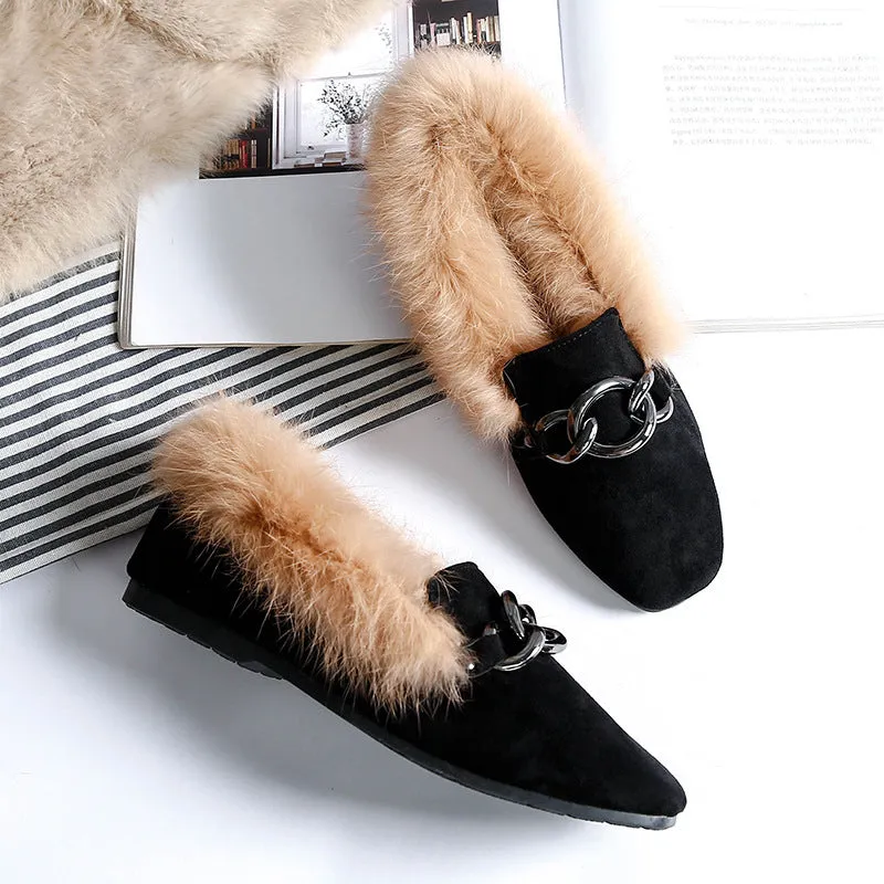 Rabbit fur and velvet cotton flats
