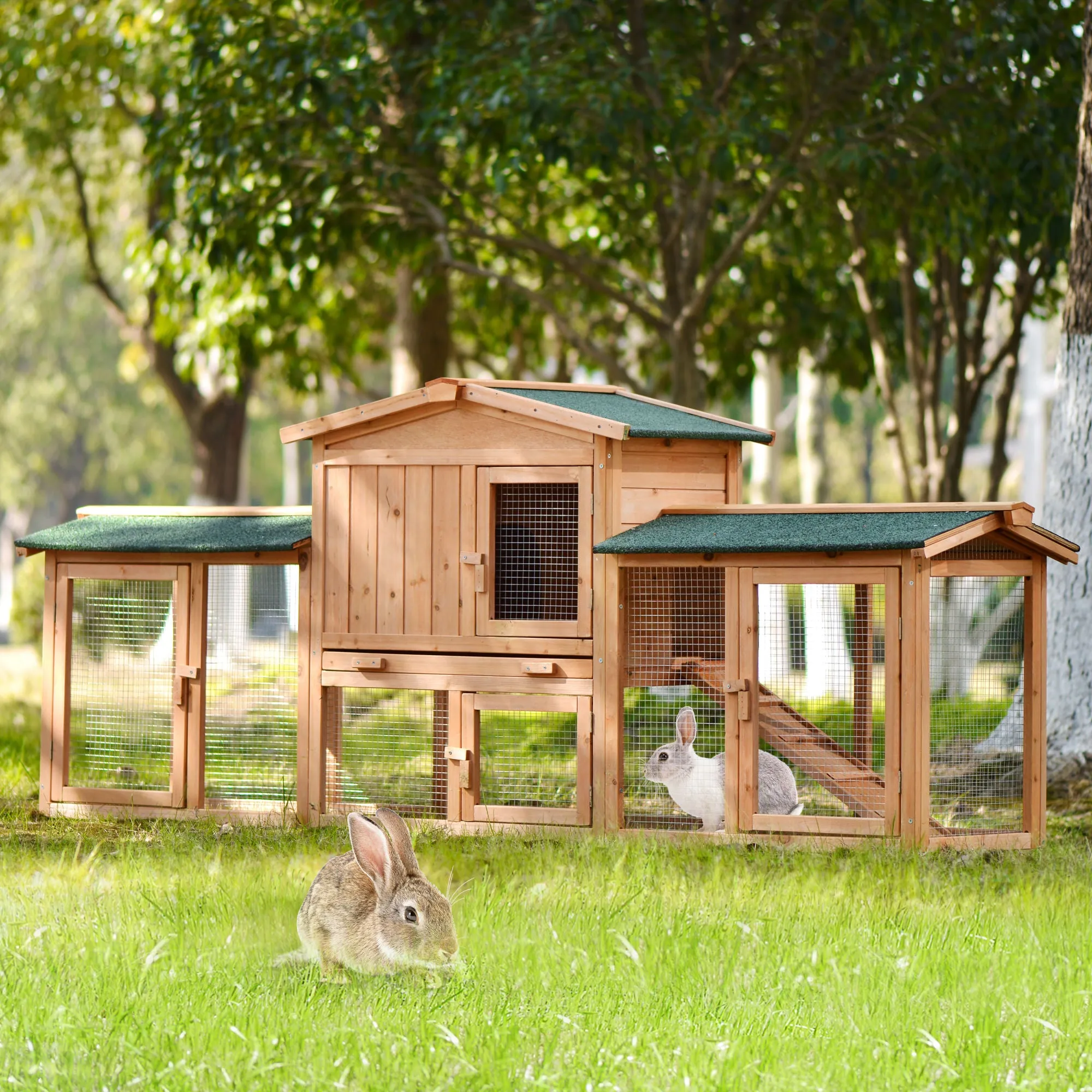 Rabbit Hutch Wood House Pet Cage Chicken Coop for Small Animals, Natural Wood