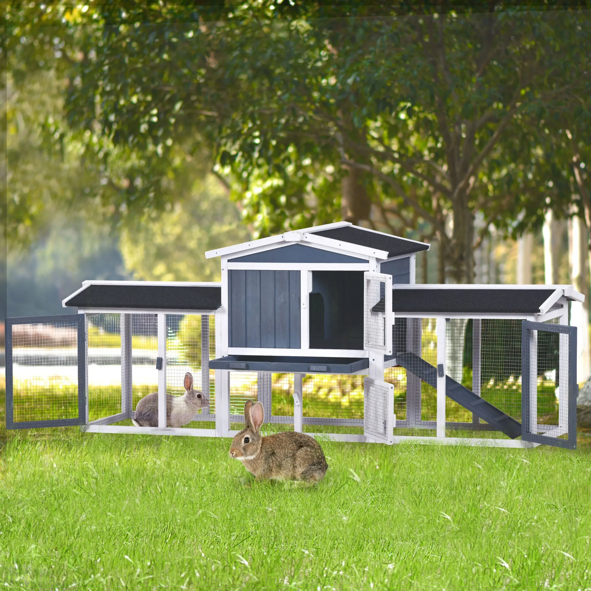 Rabbit Hutch Wood House Pet Cage Chicken Coop for Small Animals, Natural Wood