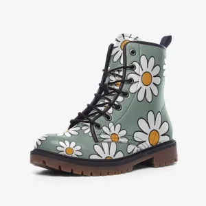 Retro Dusty Green Daisies Vegan Leather Unisex Boots