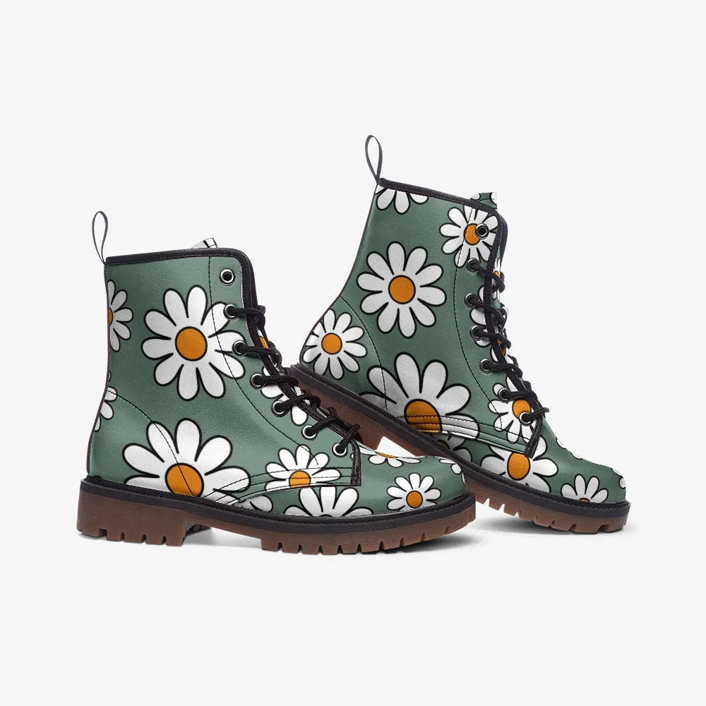 Retro Dusty Green Daisies Vegan Leather Unisex Boots