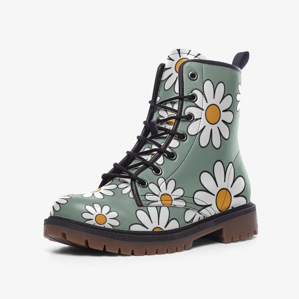 Retro Dusty Green Daisies Vegan Leather Unisex Boots
