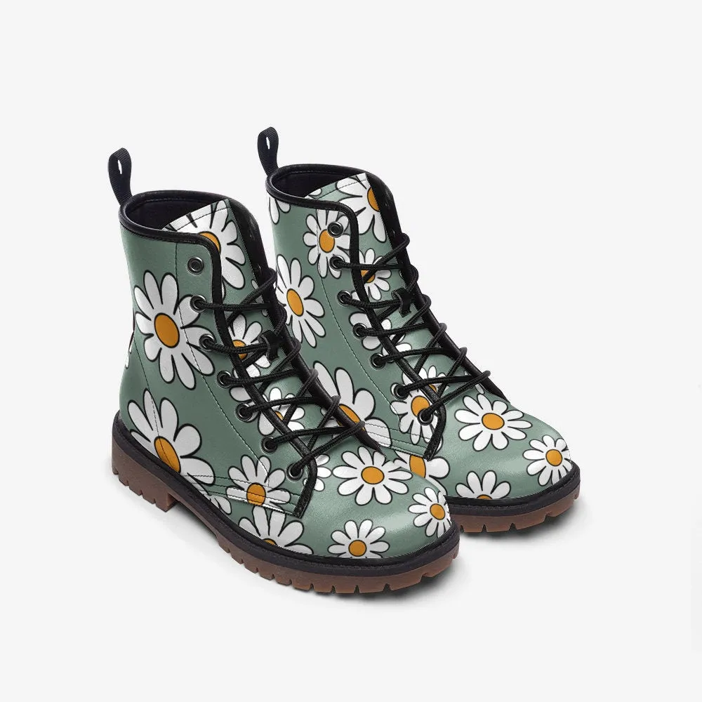 Retro Dusty Green Daisies Vegan Leather Unisex Boots
