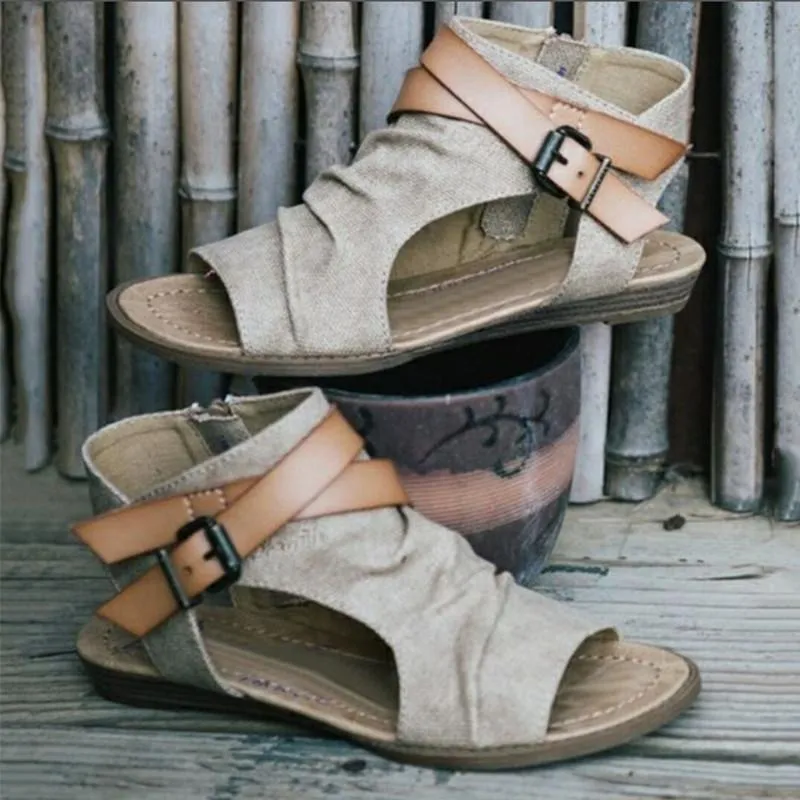 Retro Vintage Roman Zipper Flat Sandals