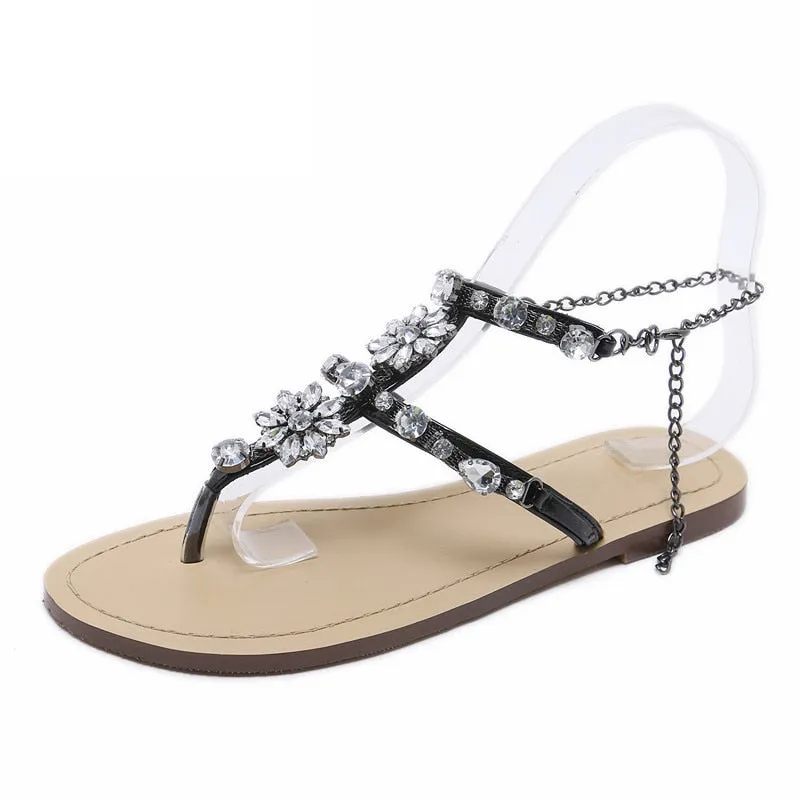 Rhinestones Chains Thong Gladiator Flat Sandals.