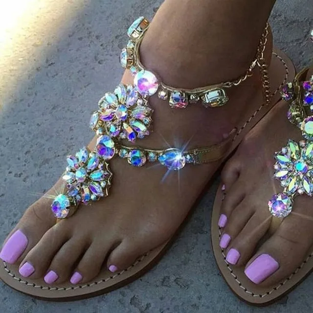 Rhinestones Chains Thong Gladiator Flat Sandals.
