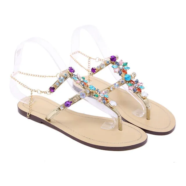 Rhinestones Chains Thong Gladiator Flat Sandals.