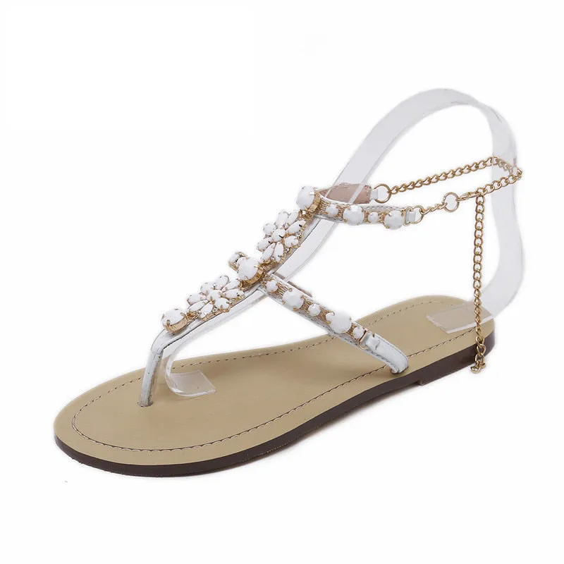 Rhinestones Chains Thong Gladiator Flat Sandals.