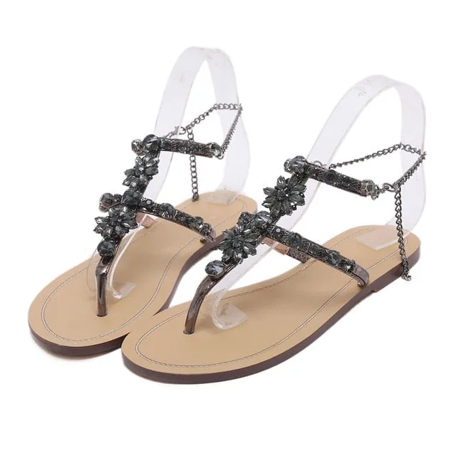 Rhinestones Chains Thong Gladiator Flat Sandals.