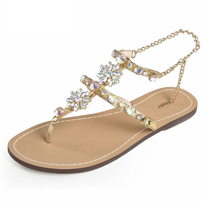 Rhinestones Chains Thong Gladiator Flat Sandals.