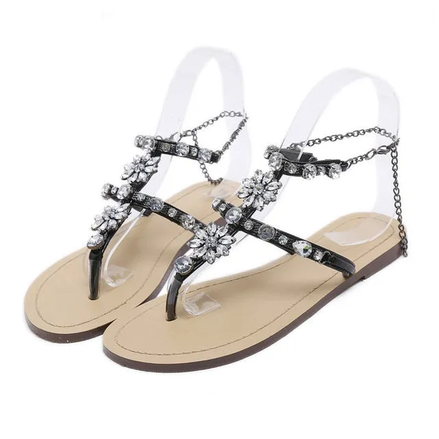 Rhinestones Chains Thong Gladiator Flat Sandals.
