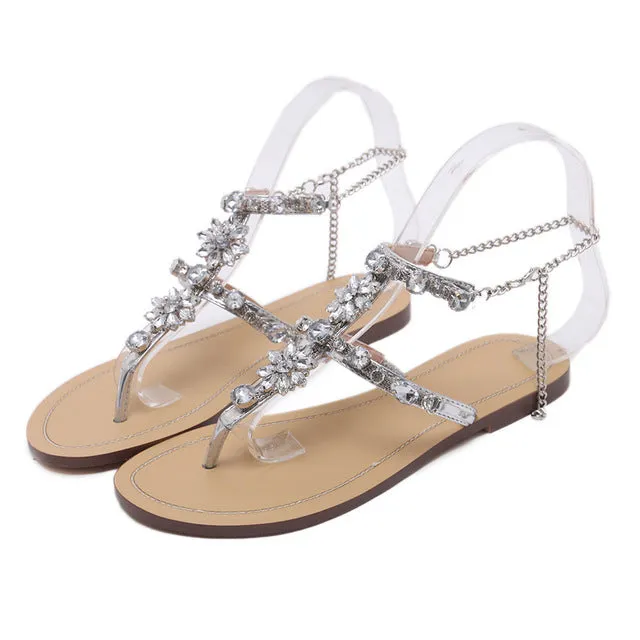 Rhinestones Chains Thong Gladiator Flat Sandals.