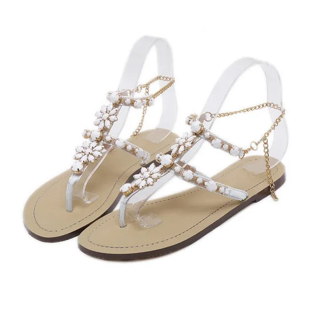 Rhinestones Chains Thong Gladiator Flat Sandals.