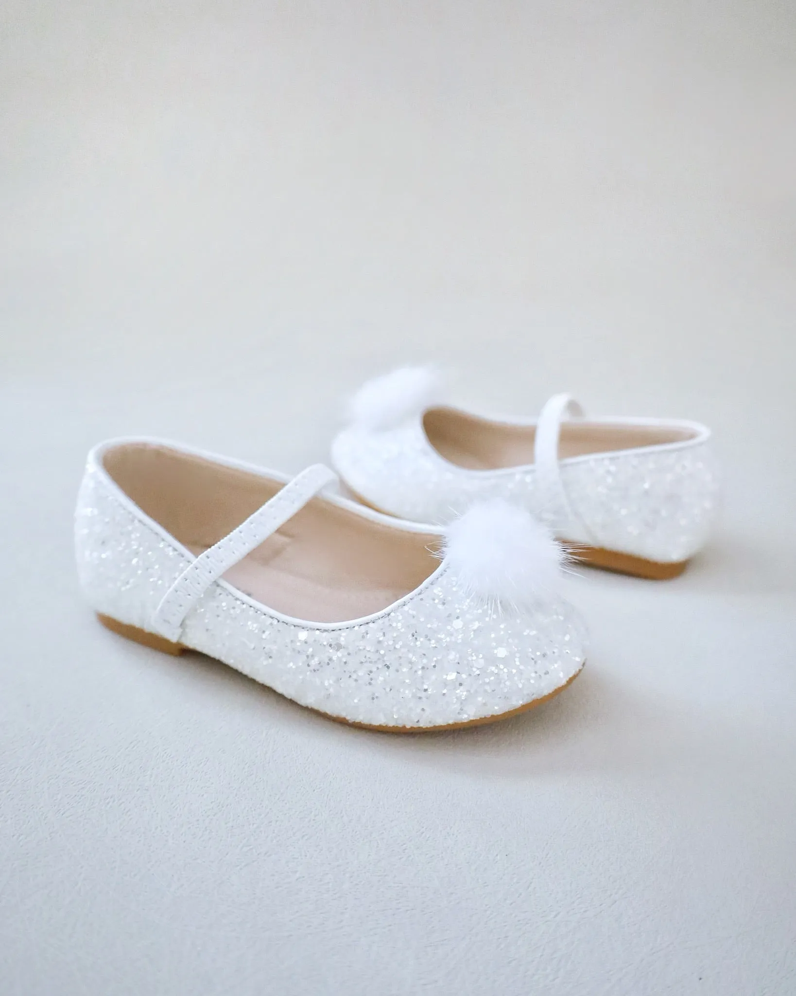 Rock Glitter Mary Jane Ballet Flats with White Faux Fur Puff