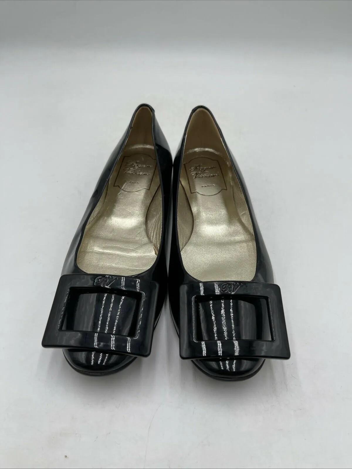 Roger Vivier Gommettine Black Patent Leather Round Toe Ballerina Flats Womens 35 - Very Good