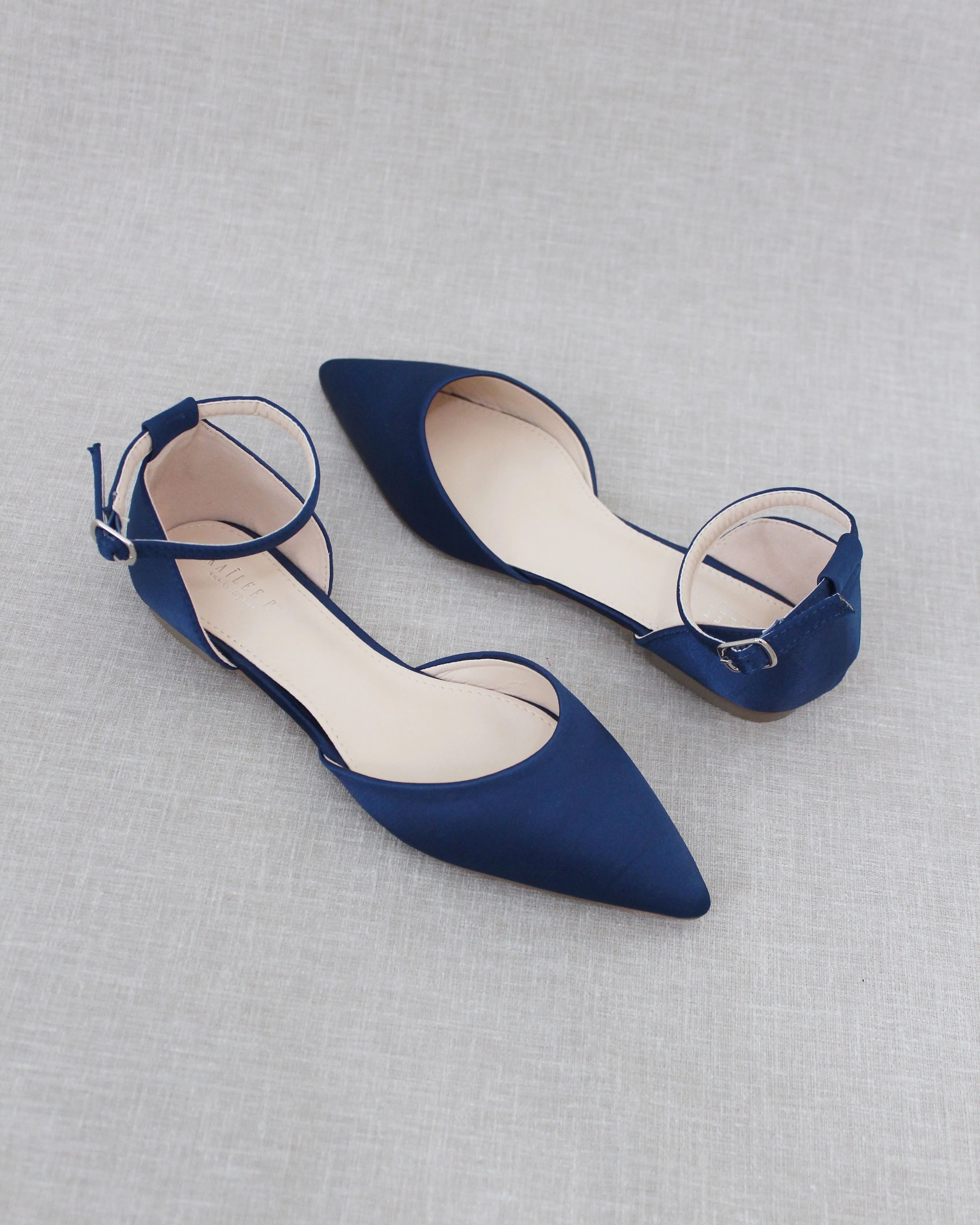 Satin Pointy Toe Flats with Ankle Strap