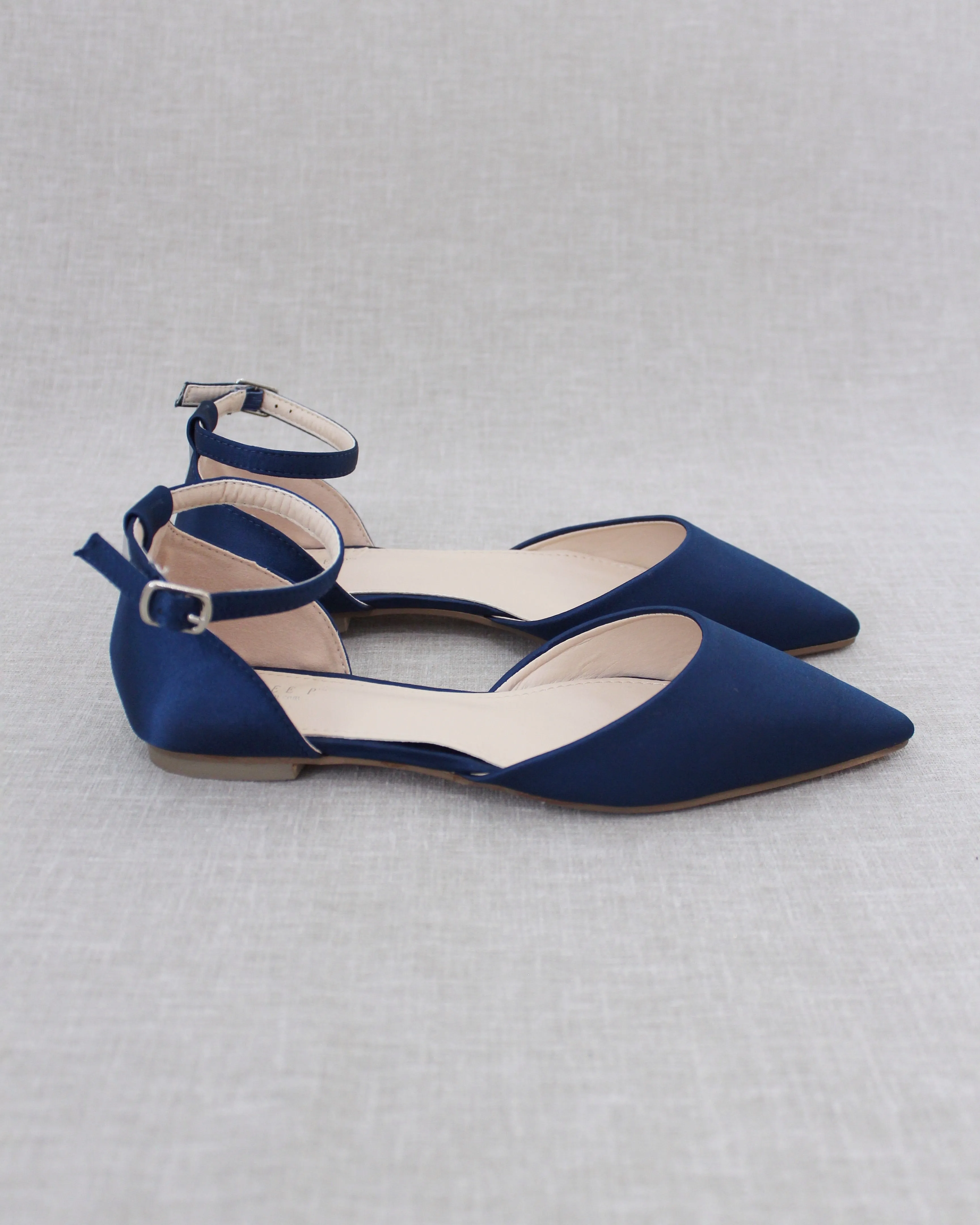 Satin Pointy Toe Flats with Ankle Strap