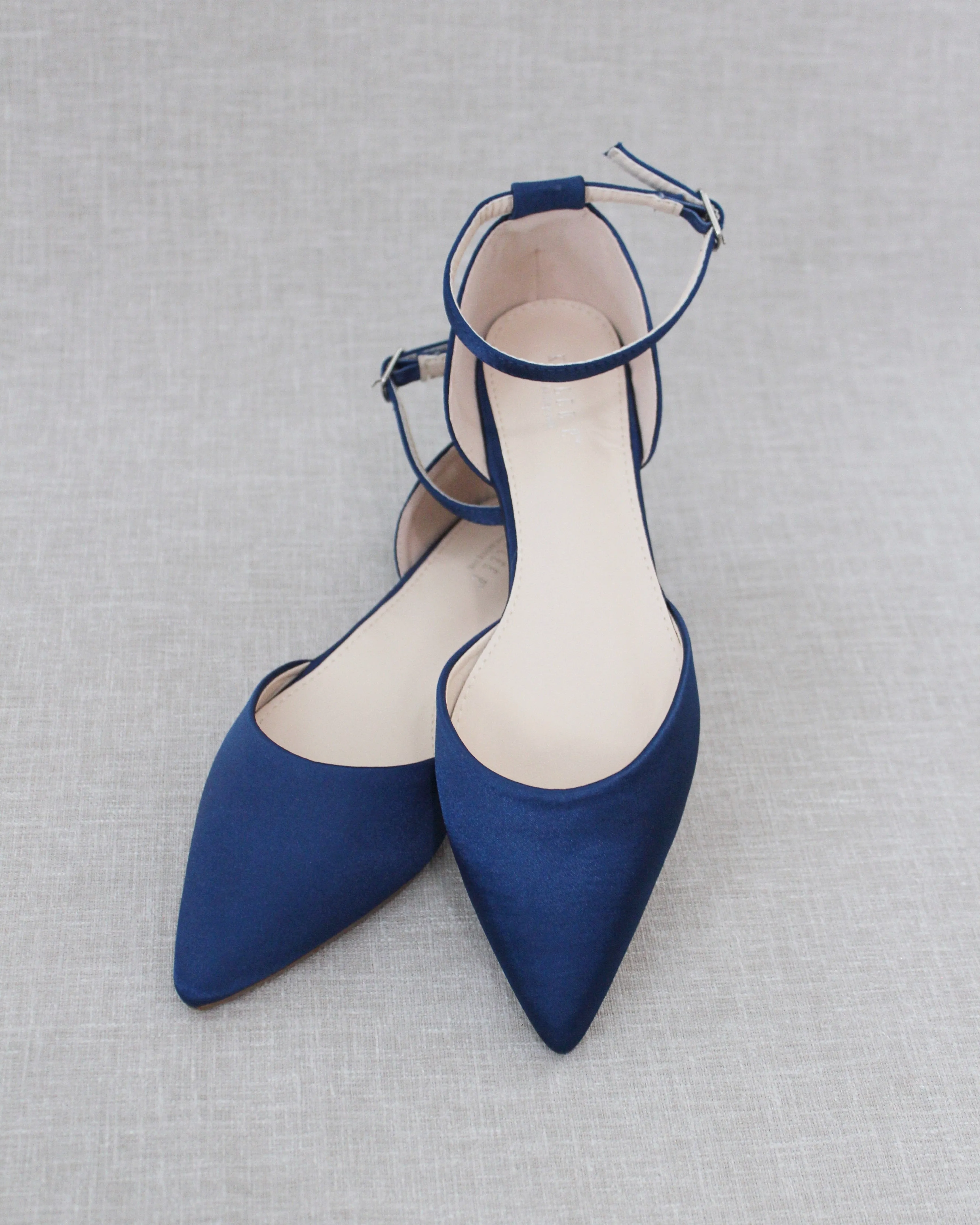 Satin Pointy Toe Flats with Ankle Strap
