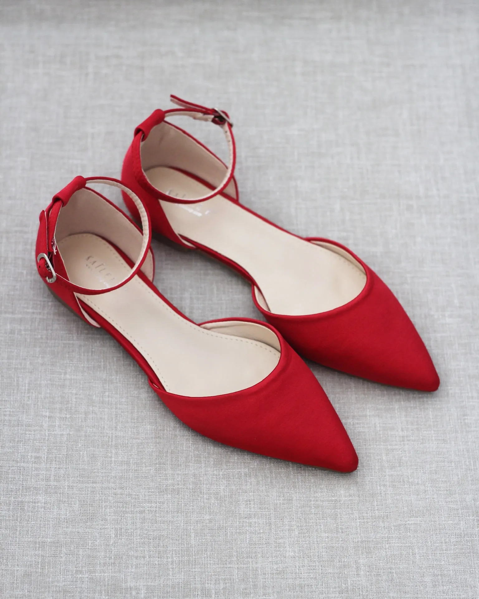 Satin Pointy Toe Flats with Ankle Strap
