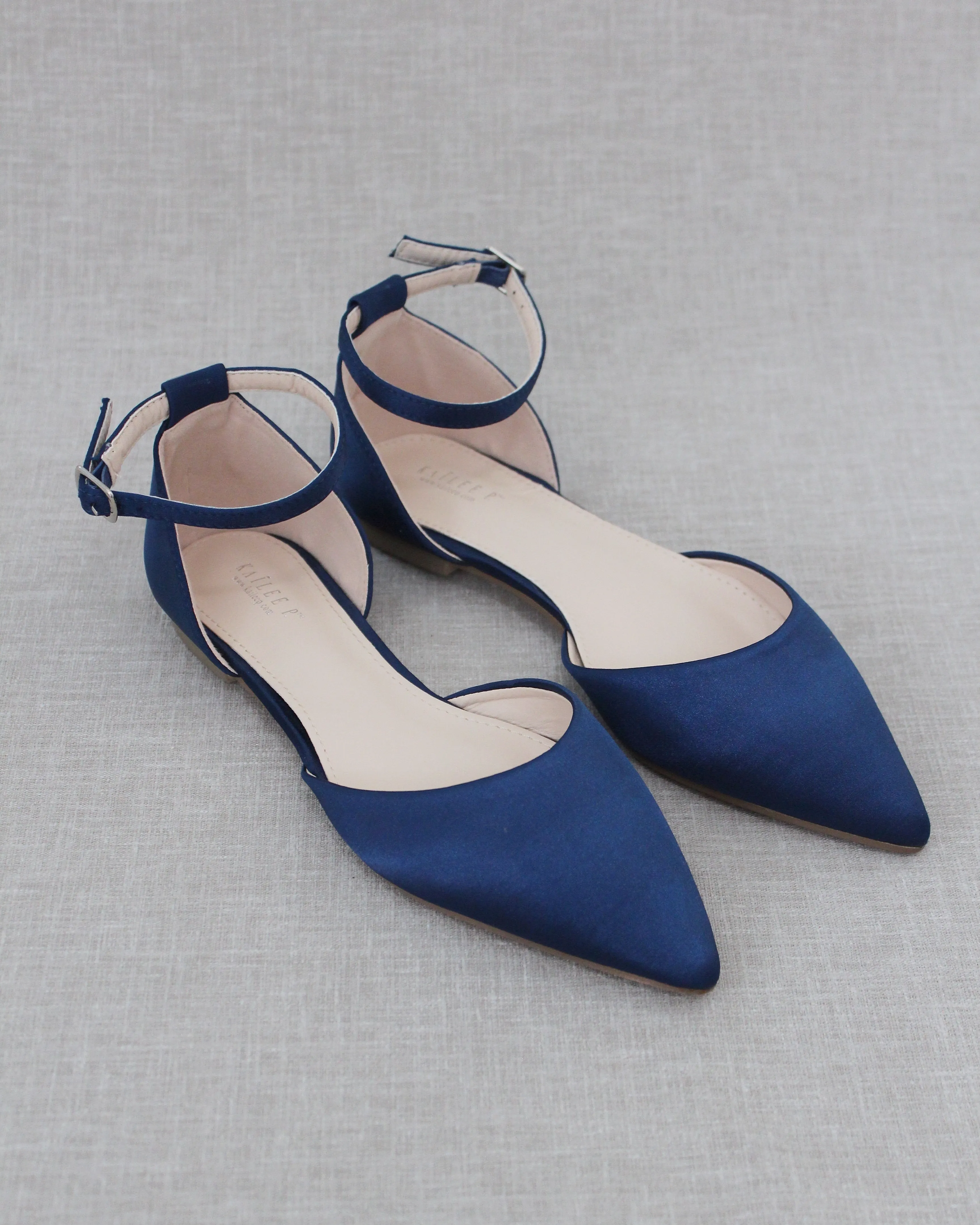 Satin Pointy Toe Flats with Ankle Strap