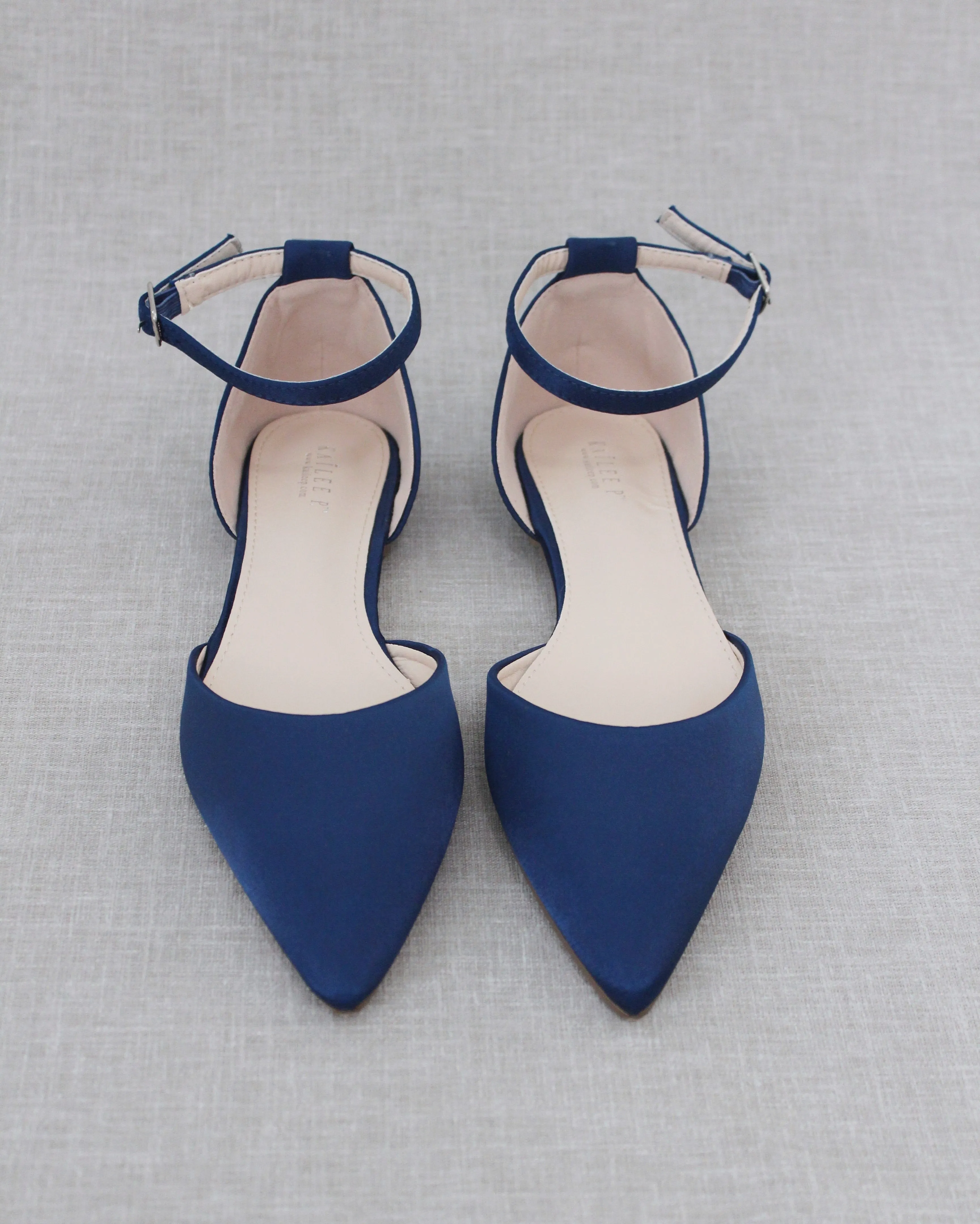 Satin Pointy Toe Flats with Ankle Strap