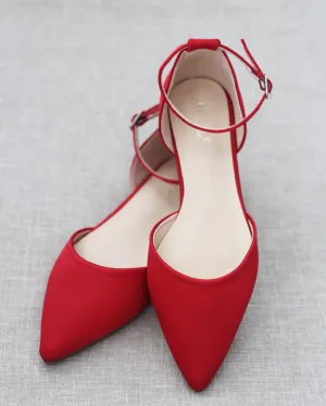 Satin Pointy Toe Flats with Ankle Strap