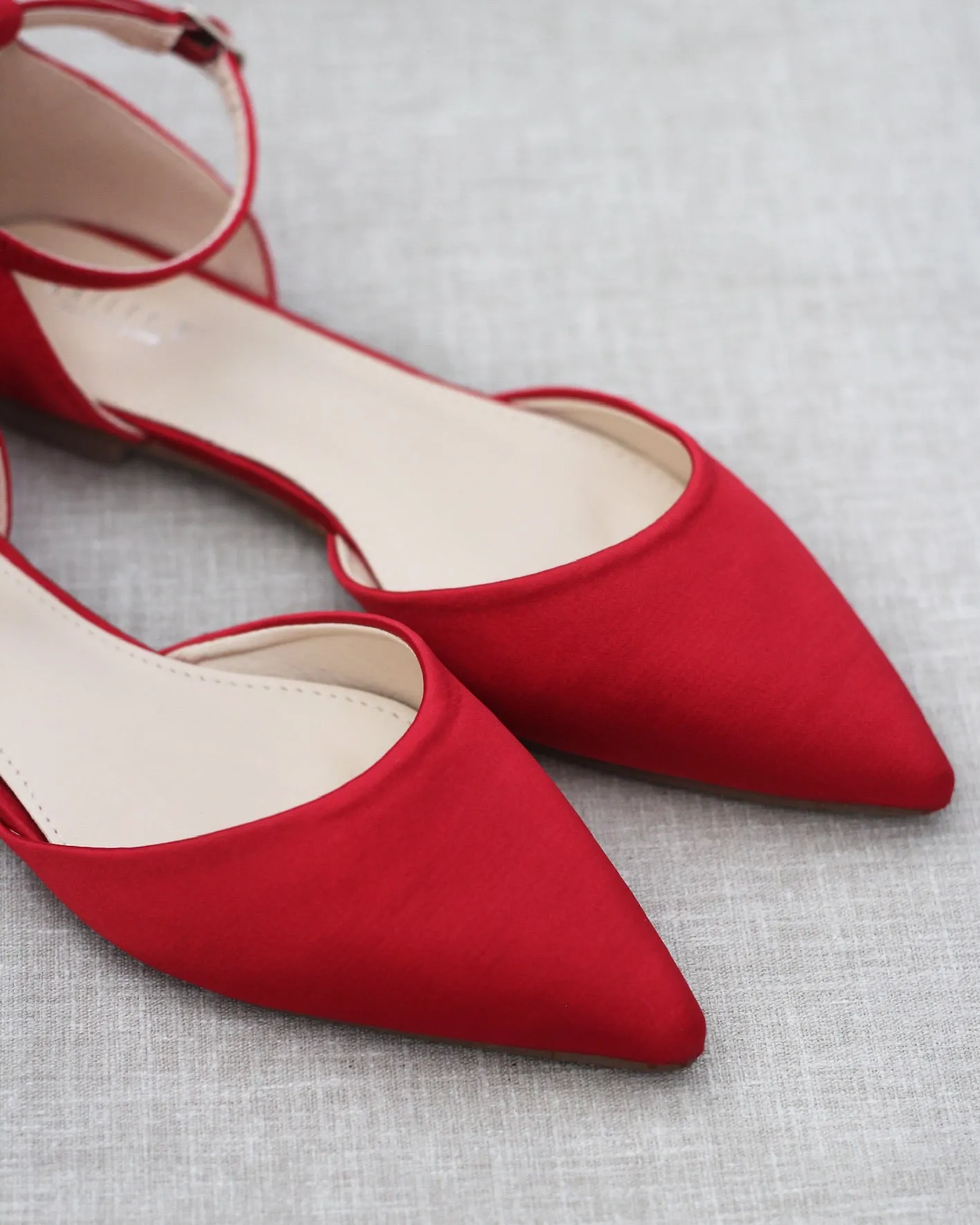 Satin Pointy Toe Flats with Ankle Strap