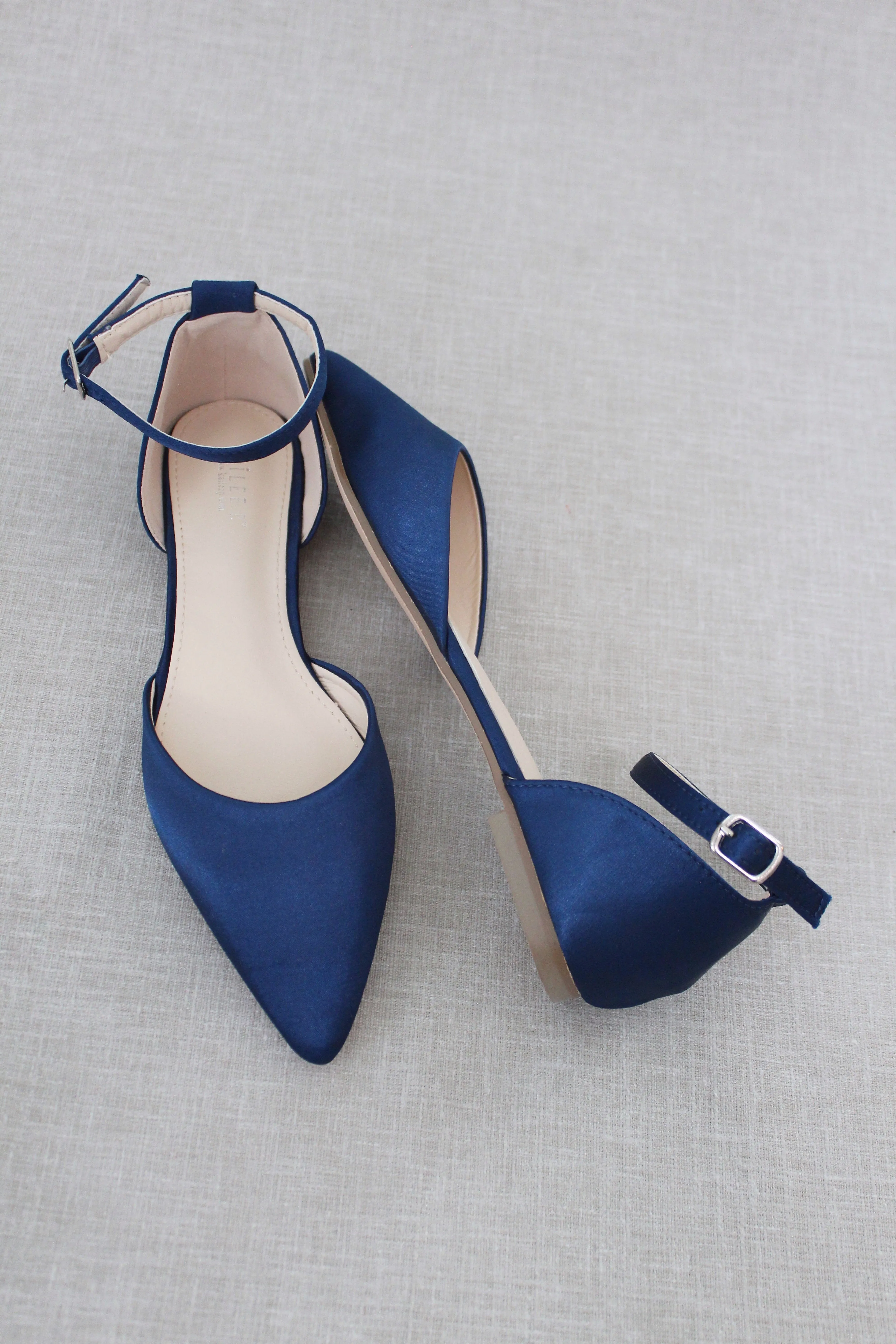 Satin Pointy Toe Flats with Ankle Strap