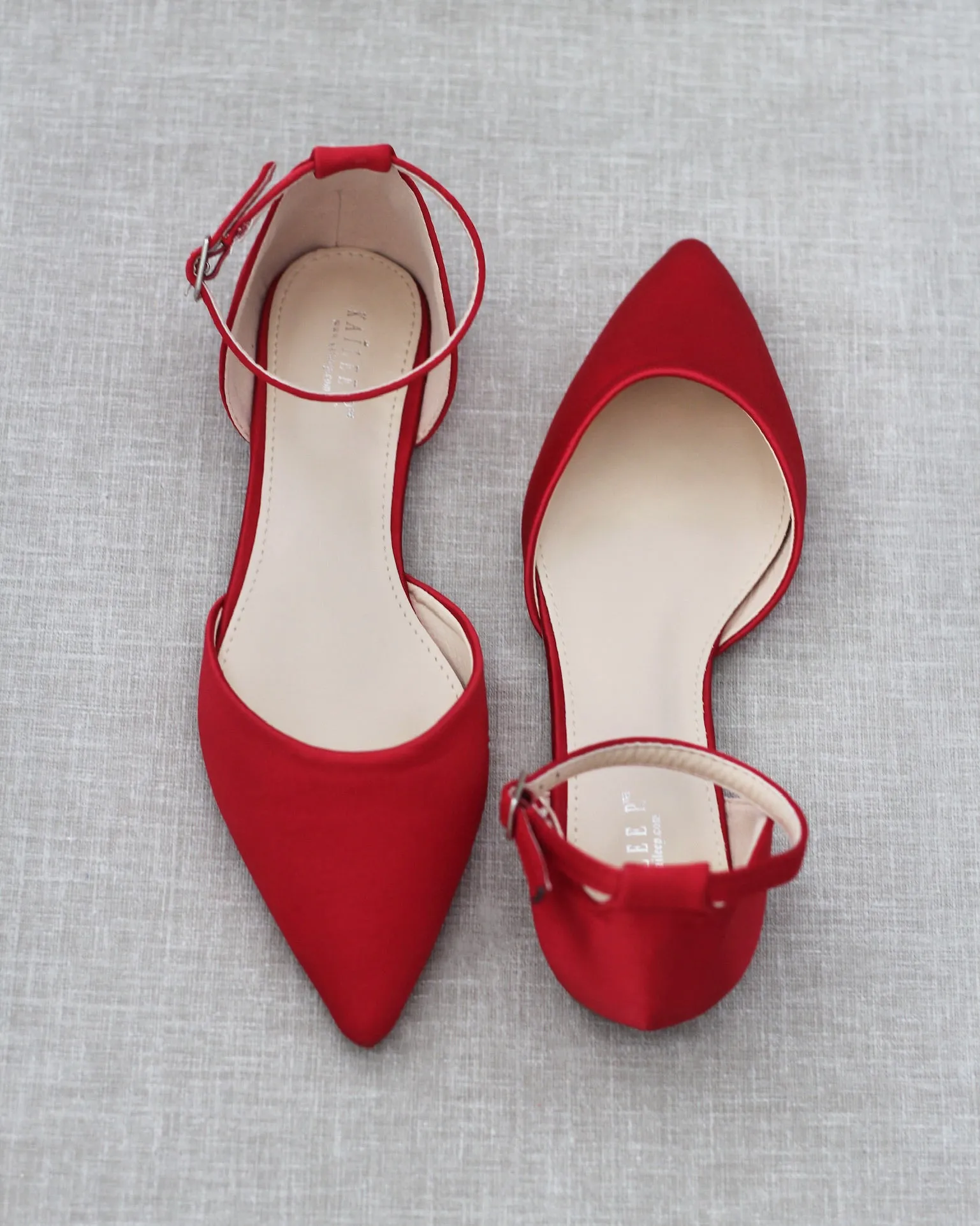Satin Pointy Toe Flats with Ankle Strap