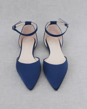 Satin Pointy Toe Flats with Ankle Strap