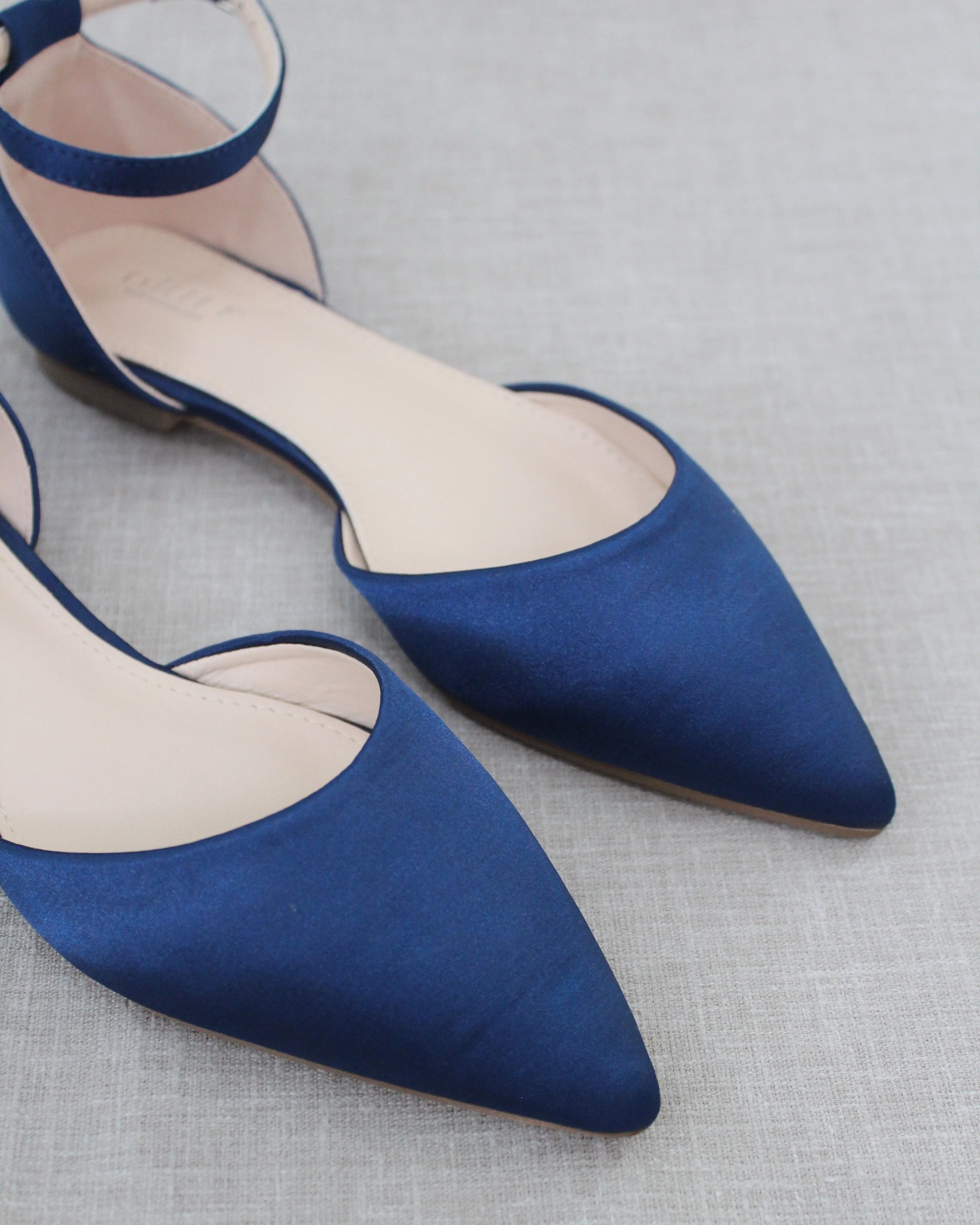Satin Pointy Toe Flats with Ankle Strap