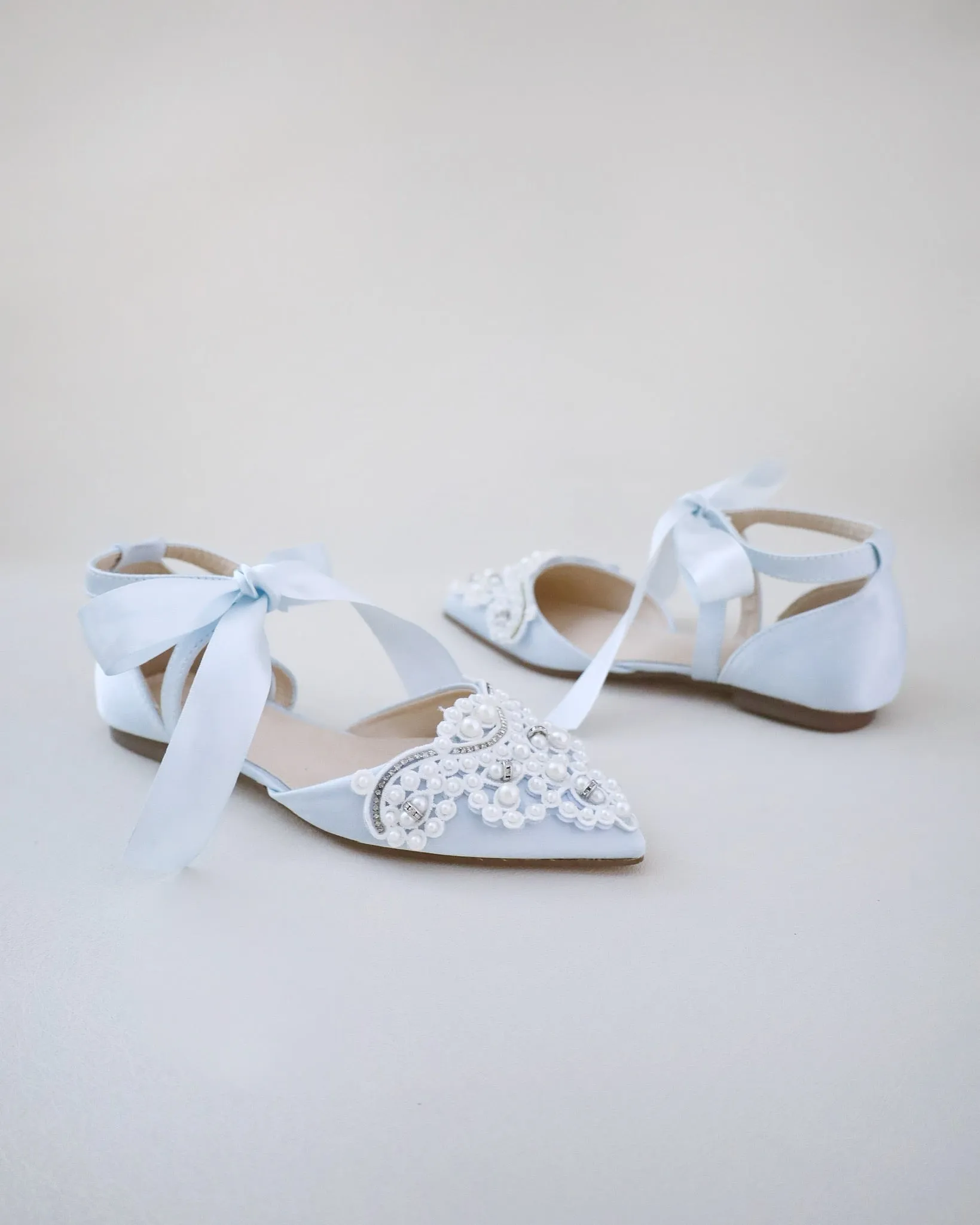 Satin Pointy Toe Flats with Oversized Pearls Applique