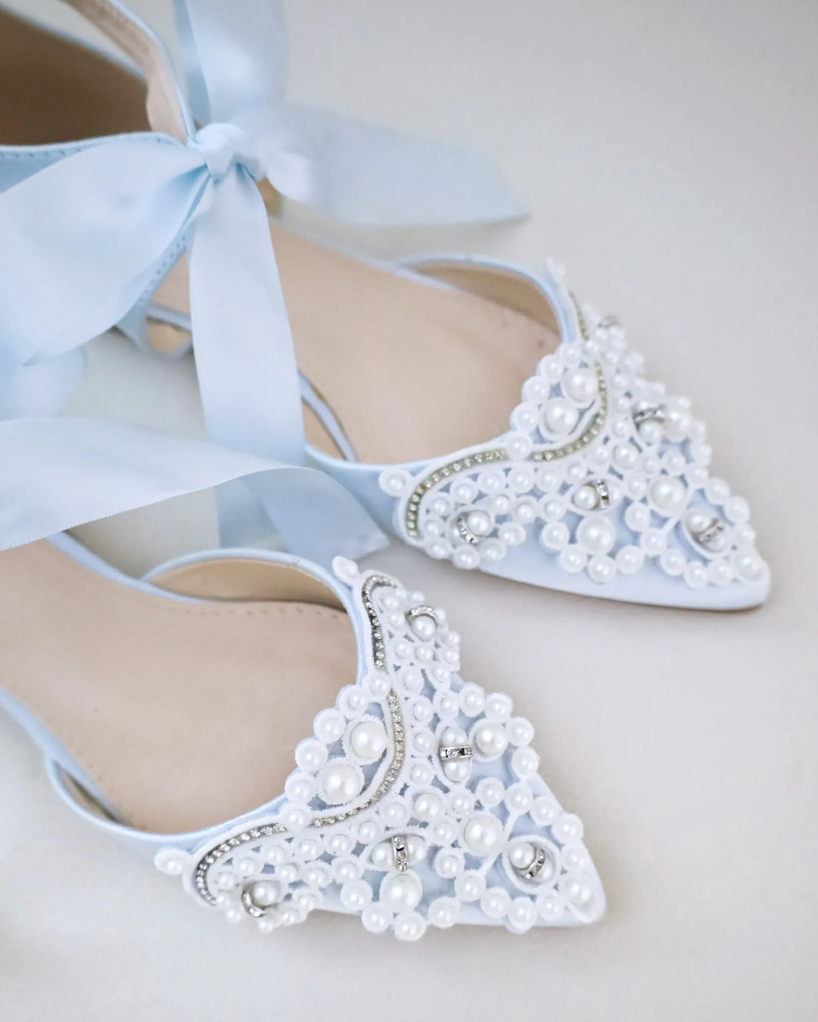Satin Pointy Toe Flats with Oversized Pearls Applique