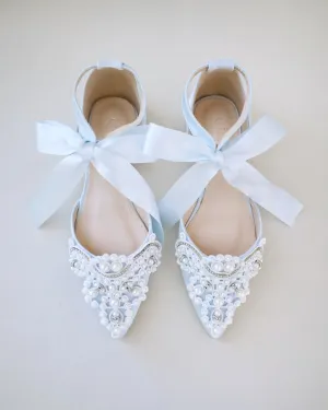 Satin Pointy Toe Flats with Oversized Pearls Applique