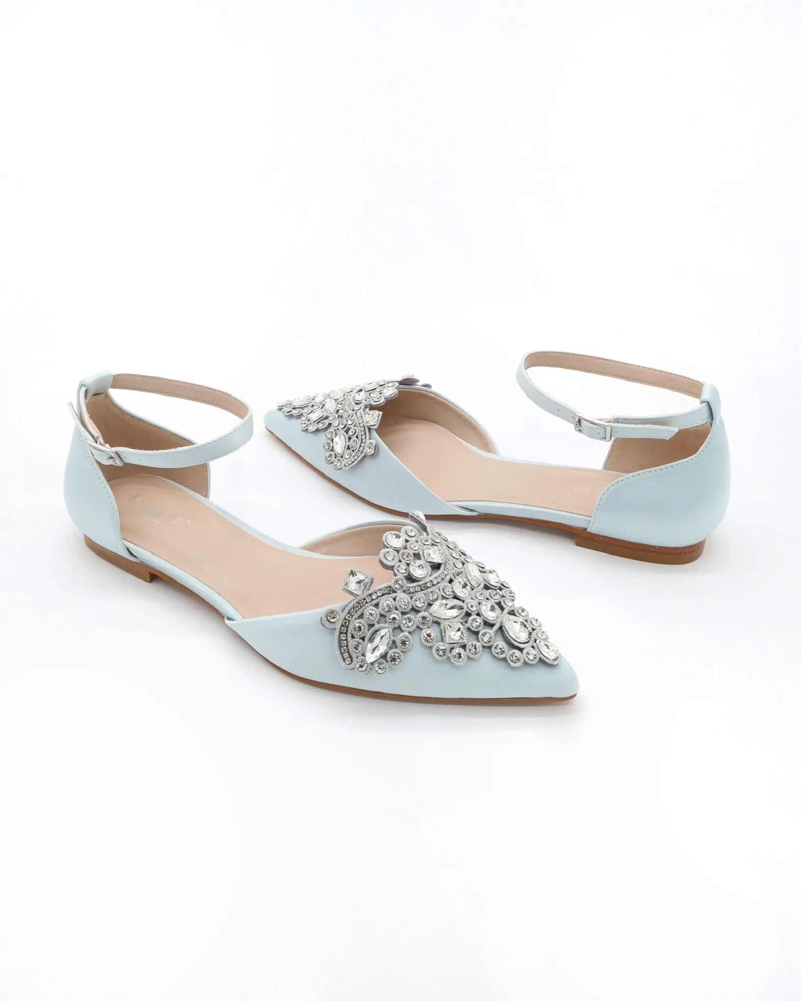 Satin Pointy Toe Flats with Rhinestones Applique Embellishments