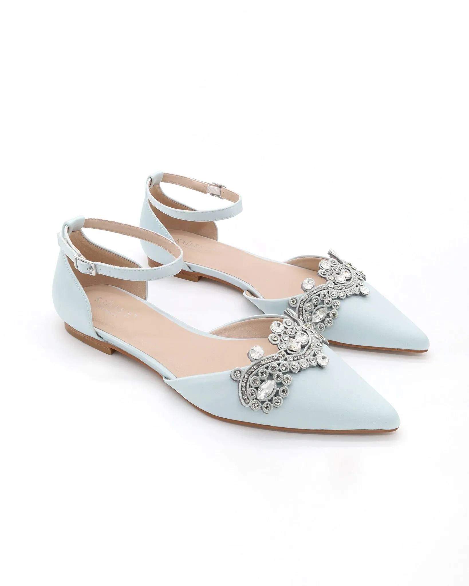 Satin Pointy Toe Flats with Rhinestones Applique Embellishments