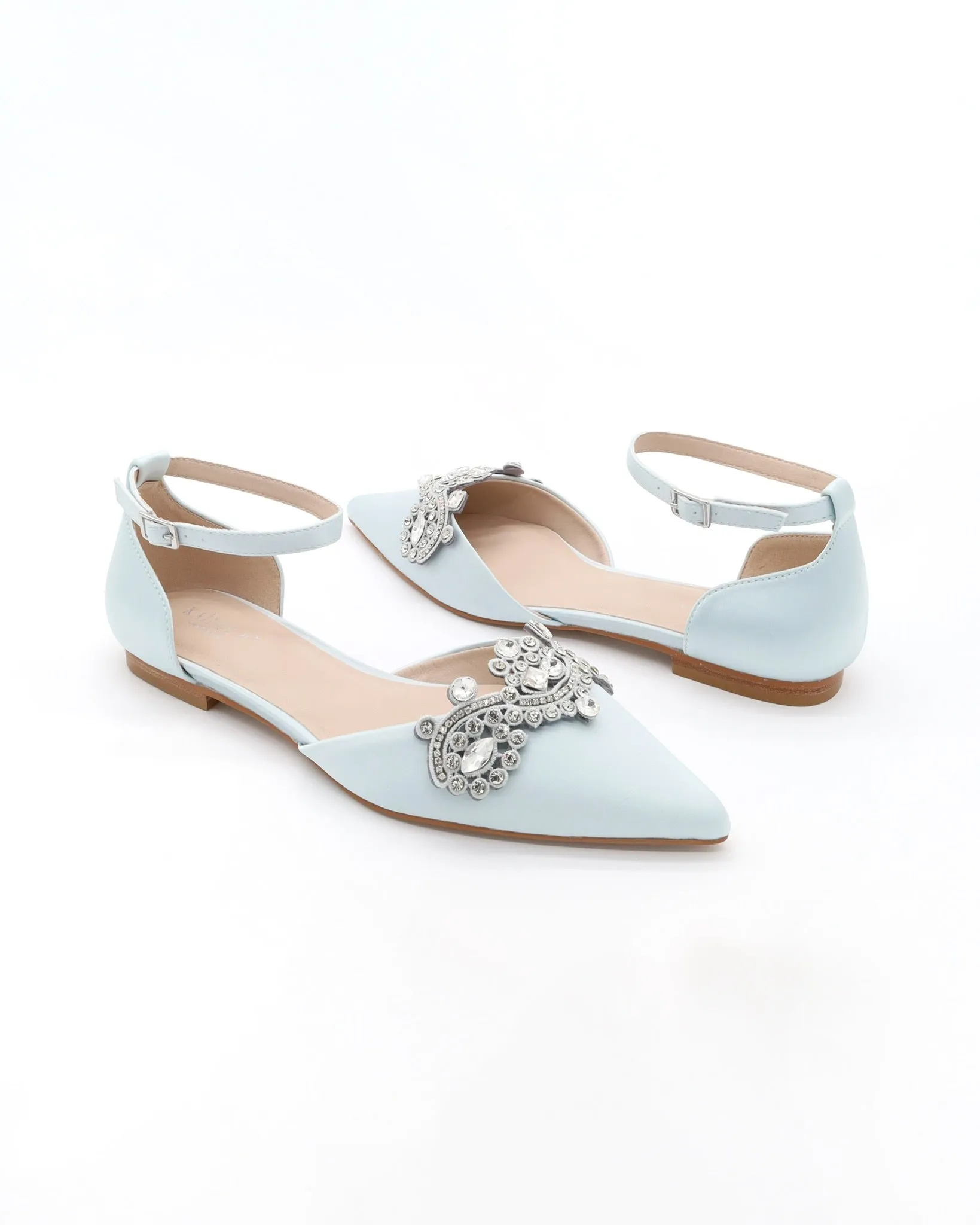 Satin Pointy Toe Flats with Rhinestones Applique Embellishments