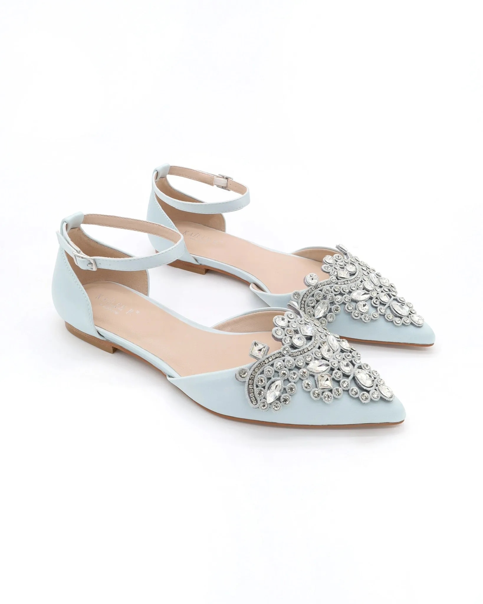 Satin Pointy Toe Flats with Rhinestones Applique Embellishments