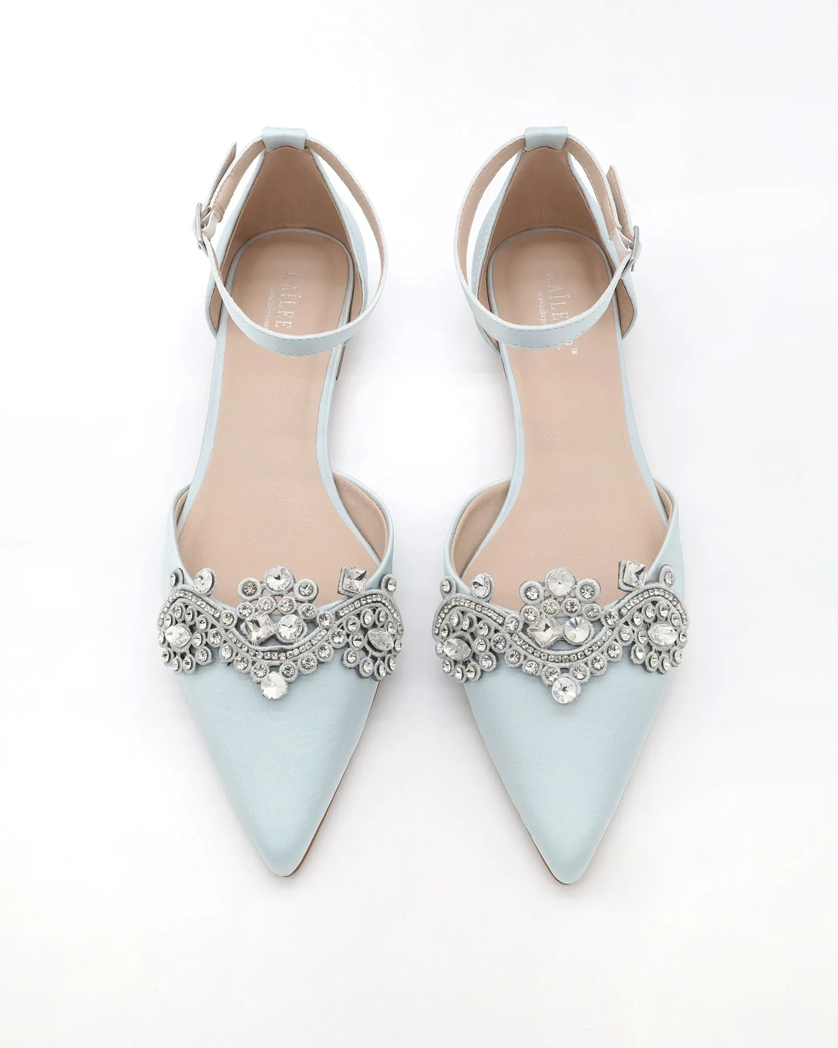 Satin Pointy Toe Flats with Rhinestones Applique Embellishments