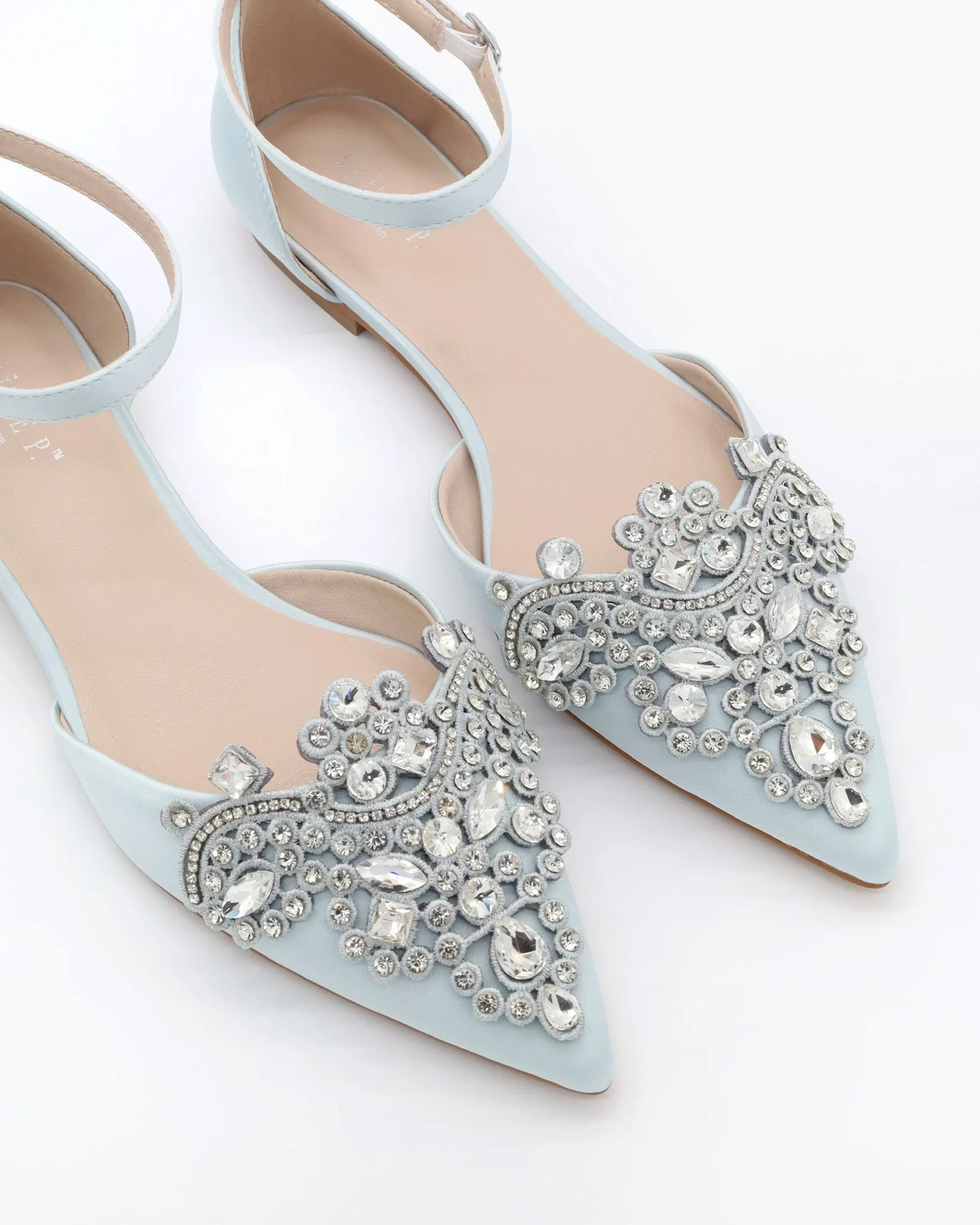 Satin Pointy Toe Flats with Rhinestones Applique Embellishments