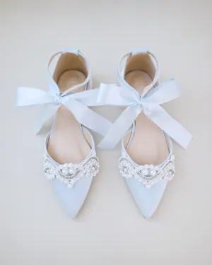 Satin Pointy Toe Flats with Small Pearls Applique Embellishment
