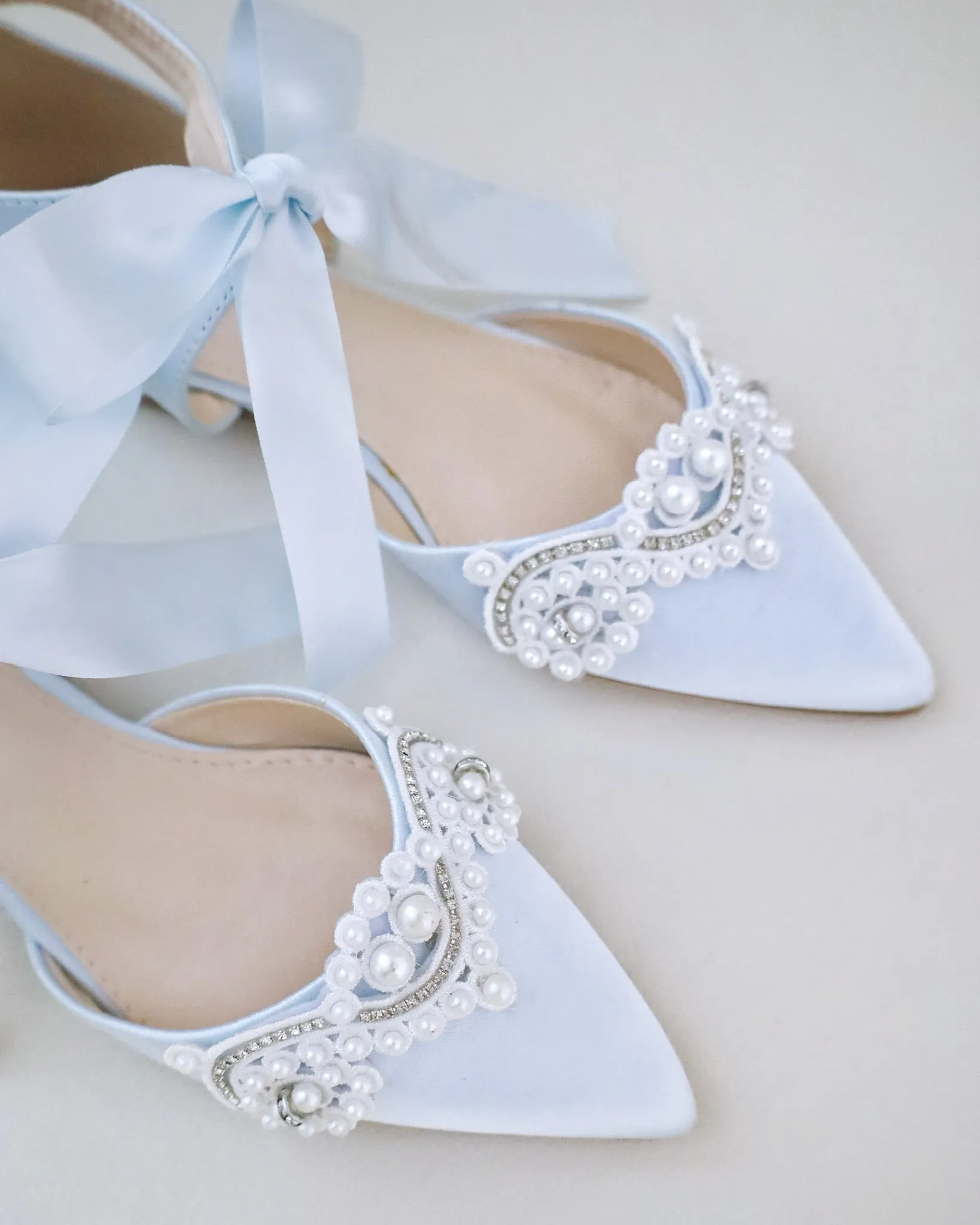 Satin Pointy Toe Flats with Small Pearls Applique Embellishment