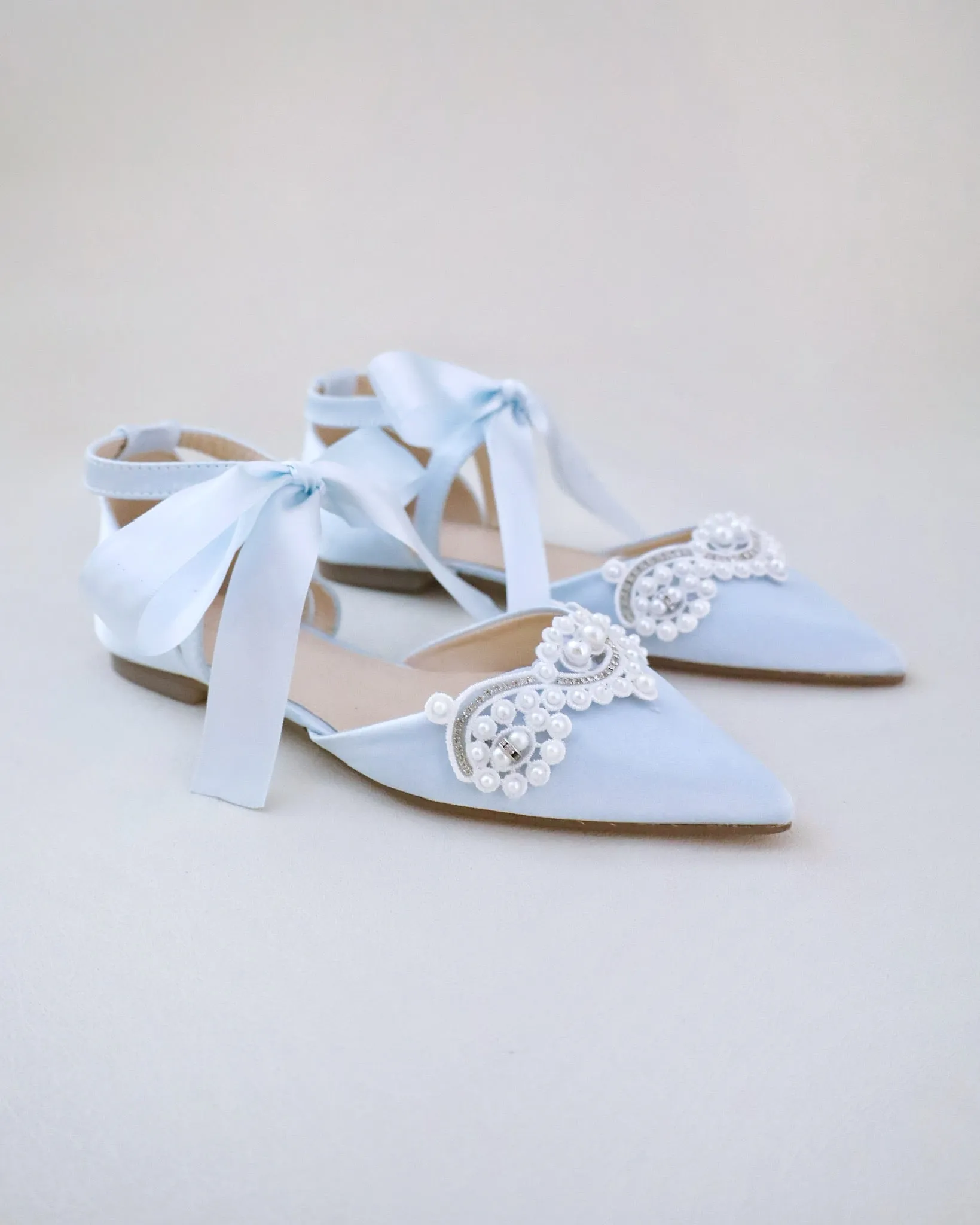 Satin Pointy Toe Flats with Small Pearls Applique Embellishment