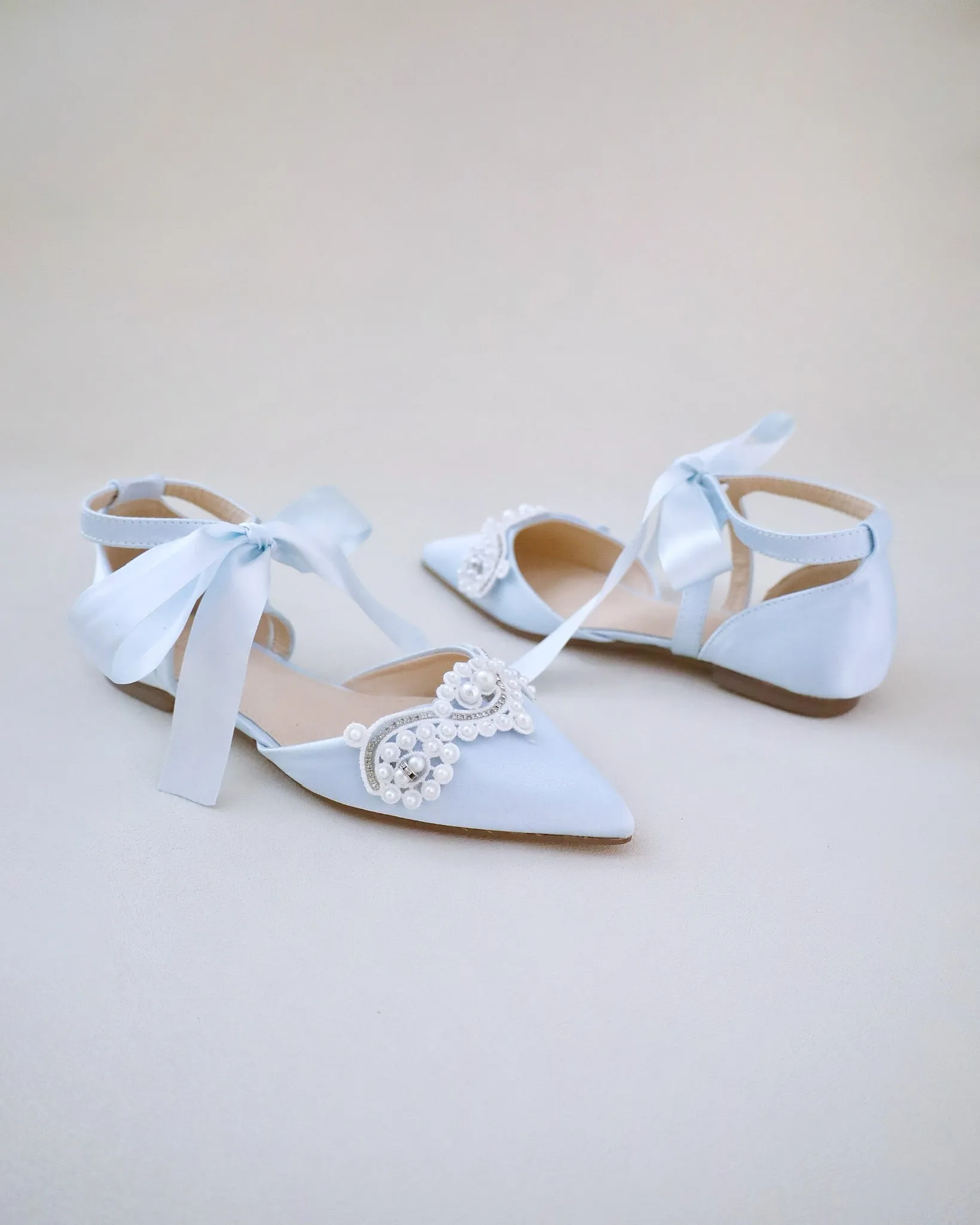 Satin Pointy Toe Flats with Small Pearls Applique Embellishment