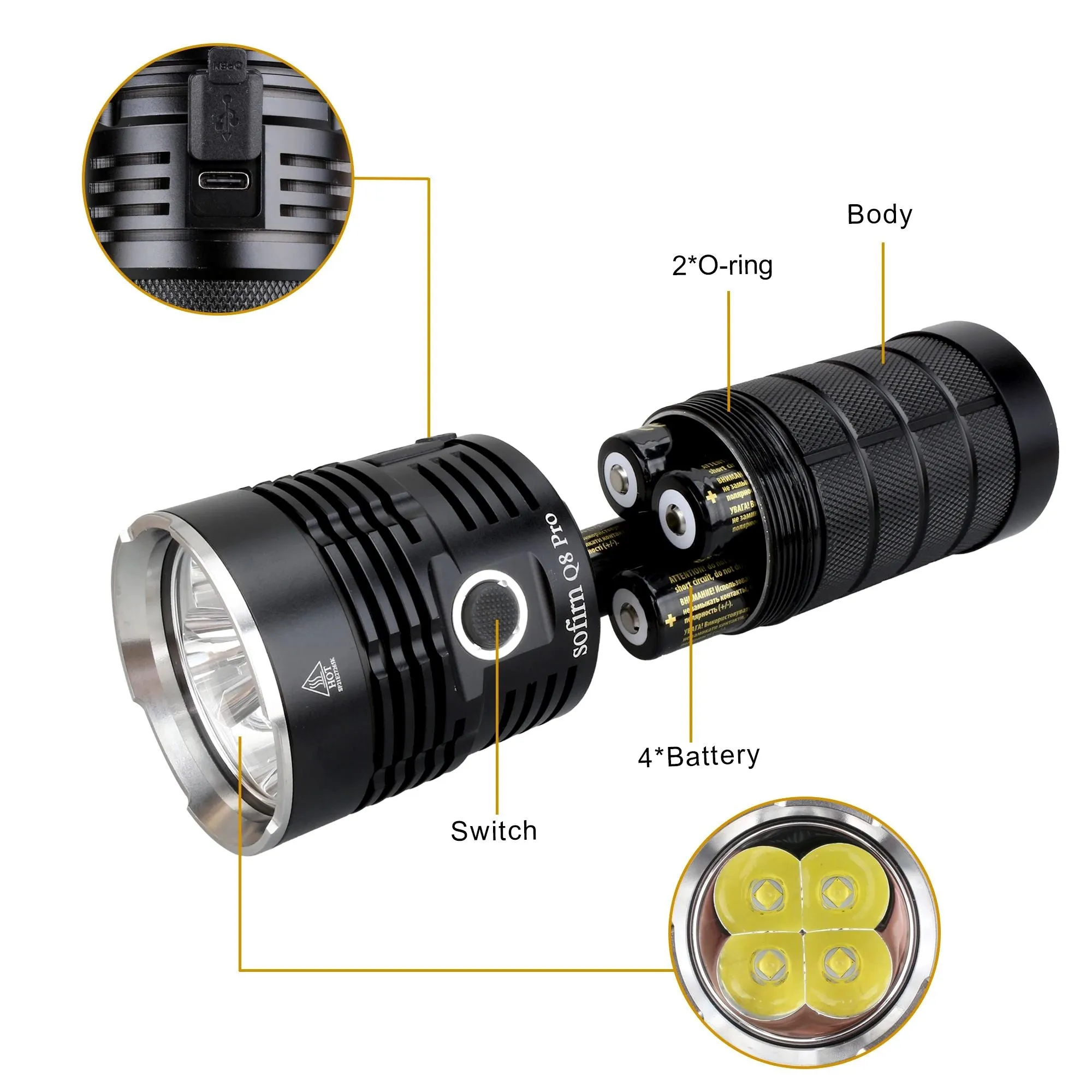Sofirn Q8 Pro Powerful 11000 Lumen Built-in USB-C Rechargeale Port with 4* XHP50.2 LEDs Flashlight Torch
