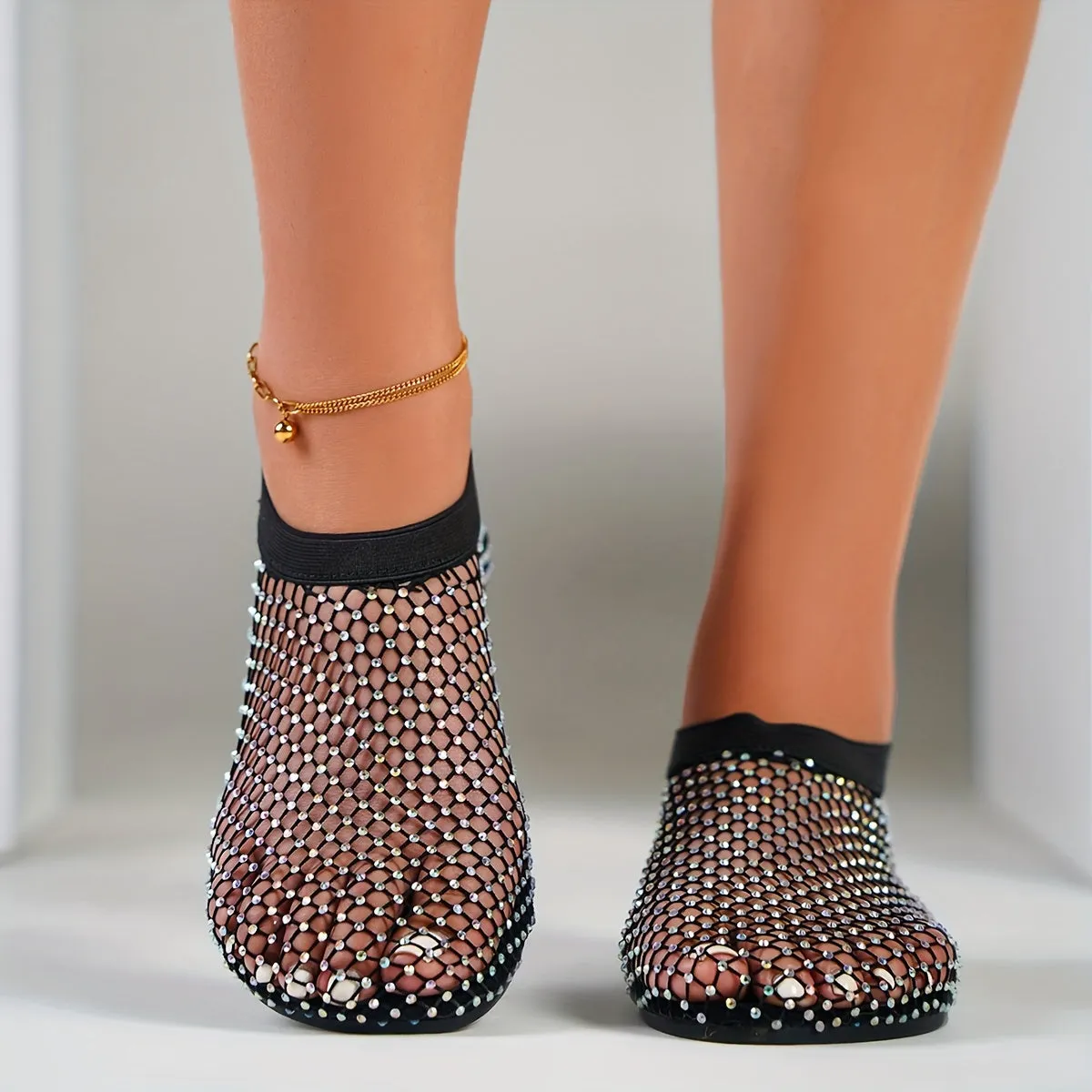 Sparkling Women's Rhinestone-Embellished Flats - Breathable Hollow-Out Design, Comfy Slip-On Summer Casual Footwear